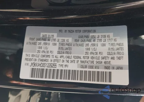 2025 Mazda Cx-90 3.3 Turbo Select Package z USA, uszkodzony, nr VIN JM3KKAHD8S1229255